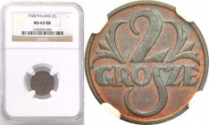 Poland II Republic 
POLSKA / POLAND / POLEN

II RP. 2 grosze 1928 NGC MS65 RB (2 MAX) 
Druga najwyższa nota gradingowa na świecie. Tylko jeden egz...