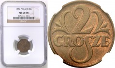 Poland II Republic 
POLSKA / POLAND / POLEN

II RP. 2 grosze 1934 NGC MS66 BN (MAX) 
Najwyższa nota gradingowa na świecie.Menniczy egzemplarz, rza...