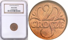 Poland II Republic 
POLSKA / POLAND / POLEN

II RP. 2 grosze 1934 NGC MS65 RD (2 MAX) 
Druga najwyższa nota gradingowa na świecie.Idealnie zachowa...