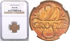 Poland II Republic 
POLSKA / POLAND / POLEN

II RP. 2 grosze 1935 NGC MS66 RB (MAX) 
Najwyższa nota gradingowa na świecie. Wyśmienicie zachowany e...