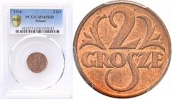 Poland II Republic 
POLSKA / POLAND / POLEN

II RP. 2 grosze 1936 PCGS MS65 RD (2 MAX) 
Druga najwyższa nota gradingowa na świecie.Wyśmienicie zac...