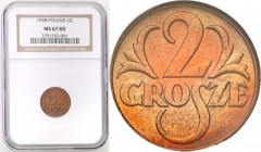 Poland II Republic 
POLSKA / POLAND / POLEN

II RP. 2 grosze 1938 NGC MS67 RD (MAX) 
Najwyższa nota gradingowa na świecie.Idealnie zachowany egzem...
