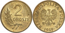 Probe coins Polish People Republic (PRL)
POLSKA/ POLAND/ POLEN/ PROBE/ PATTERN

PRL. PROBE/PATTERN brass 2 grosze 1949 
Na rewersie wklęsły napis ...