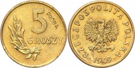 Probe coins Polish People Republic (PRL)
POLSKA/ POLAND/ POLEN/ PROBE/ PATTERN

PRL. PROBE/PATTERN brass 5 groszy 1949 
Na rewersie wklęsły napis ...