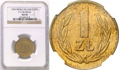 Probe coins Polish People Republic (PRL)
POLSKA/ POLAND/ POLEN/ PROBE/ PATTERN

PRL. PROBE/PATTERN brass 1 zloty 1949 NGC AU58 
Bardzo rzadka prób...