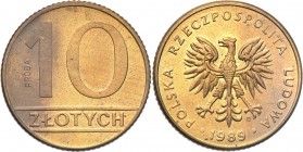 Probe coins Polish People Republic (PRL)
POLSKA/ POLAND/ POLEN/ PROBE/ PATTERN

PRL. PROBE/PATTERN brass 10 zlotych 1989 
Bardzo rzadka moneta wyb...