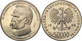 Collection - Nickel Probe Coins
POLSKA/ POLAND/ POLEN/ PROBE/ PATTERN

PRL. PROBE/PATTERN nickel 50.000 zlotych 1988 Pilsudski 
Piękny egzemplarz....