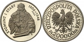Polish collector coins after 1990
POLSKA/ POLAND/ POLEN

III RP. PROBE/PATTERN silver 200.000 zlotych 1994 Zygmunt I Stary, półpostać 
Menniczy eg...