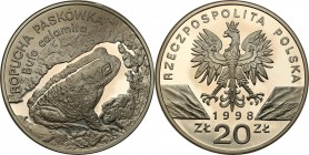 Polish collector coins after 1990
POLSKA/ POLAND/ POLEN

III RP. 20 zlotych 1998 Ropucha Paskówka 
Menniczy egzemplarz, nieco rzadsza moneta.Fisch...
