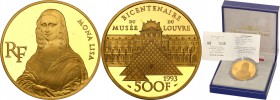 COLLECTION of French coins / Monnaie de Paris
Paris Mint / Monnaie de Paris / France

France. 500 francs / frank 1993 Mona Lisa 
Menniczy egzempla...
