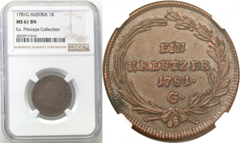 Austria
Austria. 1 krajcar 1781 G NGC MS61 BN (MAX) Princeps Collection 
Najwy...