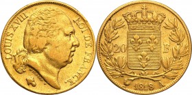 France
France. Ludwik XVIII. 20 francs / frank 1818 A, Paris 
Ciekawszy, rzadszy, starszy rocznik monety 20-frankowej.Friedberg 538
Waga/Weight: 6,...