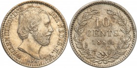 Netherlands
Holandia. 10 cents 1880 
Piękny, menniczy egzemplarz. Połysk.
Waga/Weight: 1,40 g Ag Metal: Średnica/diameter: 
Stan zachowania/condit...