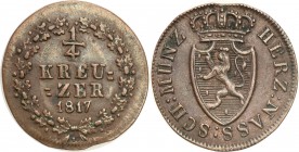 Germany / Prussia
Germany Nassau 1/4 krajcara 1817 
Wyraźne detale, brązowa patyna. Ładna moneta.
Waga/Weight: 1,34 g Cu Metal: Średnica/diameter: ...