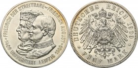 Germany / Prussia
Germany Saksonia 5 mark 1909 E Uni. Leipzig 
Pięknie zachowana moneta. Wspaniały połysk. Rzadka.Wegge 135; Jaeger 139
Waga/Weight...