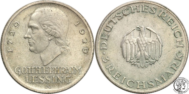 Germany / Prussia
Germany, Weimar. 3 Mark 1929 Lessing 
Zielonkawa patyna. Ład...