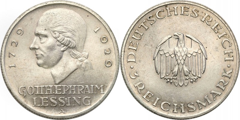 Germany / Prussia
Germany, Weimar. 3 Mark 1929 A, Lessing 
Piękny egzemplarz. ...