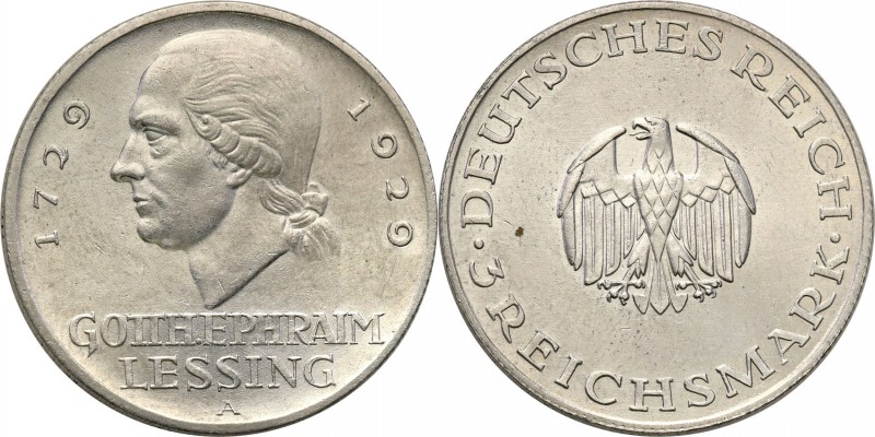 Germany / Prussia
Germany, Weimar. 3 Mark 1929 A, Lessing 
Piękny egzemplarz. ...