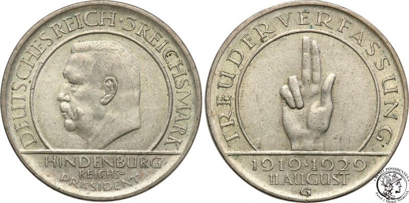 Germany / Prussia
Germany, Weimar. 3 Mark 1929 G 
Zachowany połysk menniczy, p...