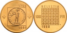 Switzerland
Switzerland. 100 francs / frank 1998 
Nakład 2500 sztuk. Menniczy egzemplarz. Stempel lustrzanyFriedberg 516
Waga/Weight: 22,57 g Au Me...
