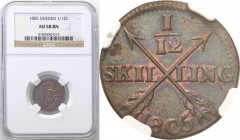 Sweden
Sweden, Gustaw IV. 1/12 skilinga 1805 NGC AU58 BN 
Wspaniale zachowana moneta. Połysk, brązowa patyna.KM 563
Waga/Weight: Metal: Średnica/di...