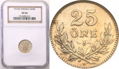 Sweden
Sweden. 25 ore 1910 NGC SP 64 (MAX) 
Idealnie zachowana moneta wybita stemplem lustrzanym.KM 785
Waga/Weight: Metal: Średnica/diameter: 
St...