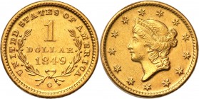 United States / USA
United States. 1 dolar 1849 type I, Nowy Orlean 
Połysk, delikatna patyna. Rzadka, drobna moneta.Friedberg 87
Waga/Weight: 1,69...