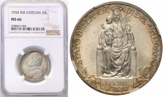 Vatican
Vatican. Pius XI. 10 lira 1934 NGC MS66 (2 MAX) 
Druga najwyższa nota gradingowa na świecie.Idealnie zachowana moneta. Kolorowa patyna zacho...