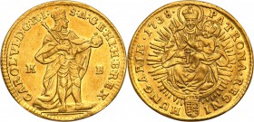 Hungary
Hungary. Karol VI. Ducat (Dukaten) 1738, Kremnica 
Ładny egzemplarz, połysk.Herinek 165; Friedberg 171
Waga/Weight: 3,44 g Au Metal: Średni...