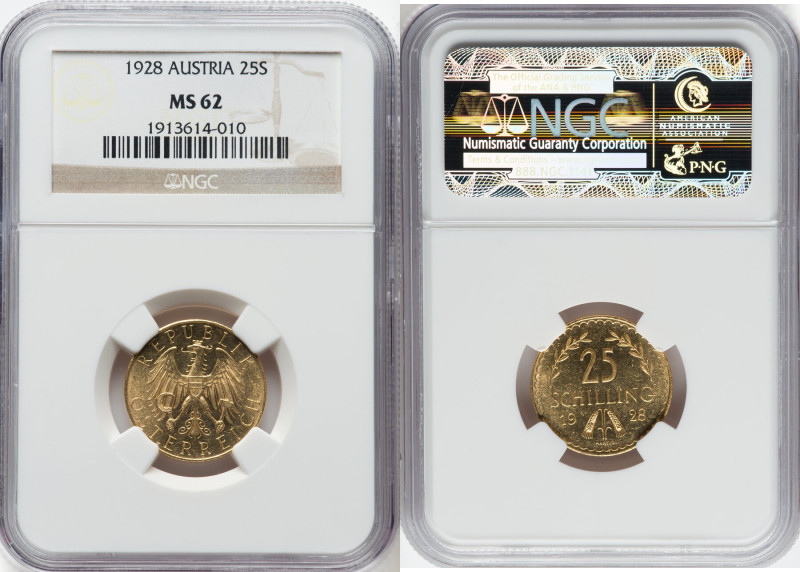 Republic gold 25 Schilling 1928 MS62 NGC, Vienna mint, KM2841, Fr-521. HID098012...