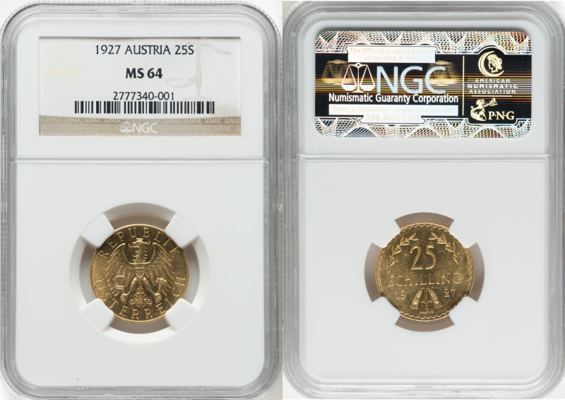 Republic gold 25 Schilling 1927 MS64 NGC, Vienna mint, KM2841, Fr-521. HID098012...