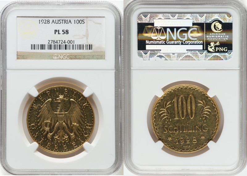 Republic gold Prooflike 100 Schilling 1928 PL58 NGC, Vienna mint, KM2842, Fr-520...