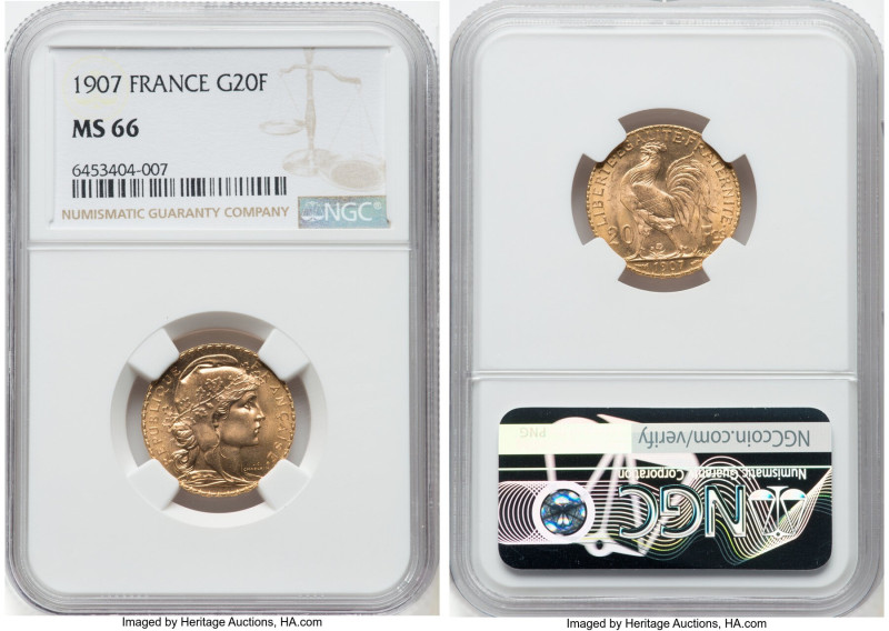 Republic gold 20 Francs 1907 MS66 NGC, Paris mint, KM857, Gad-1064a. Rose-colore...