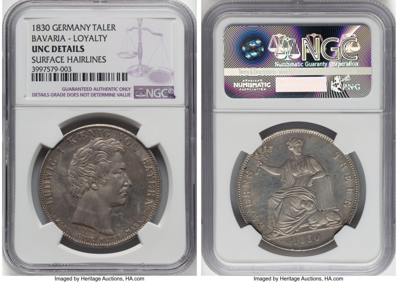 Bavaria. Ludwig I "Loyalty" Taler 1830 UNC Details (Surface Hairlines) NGC, Muni...