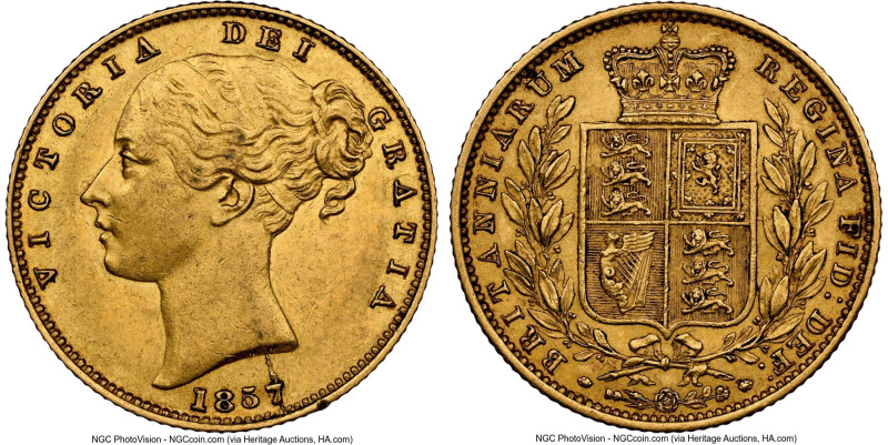 Victoria gold "Shield" Sovereign 1857 AU58 NGC, KM736.1, S-3852D. An appreciable...