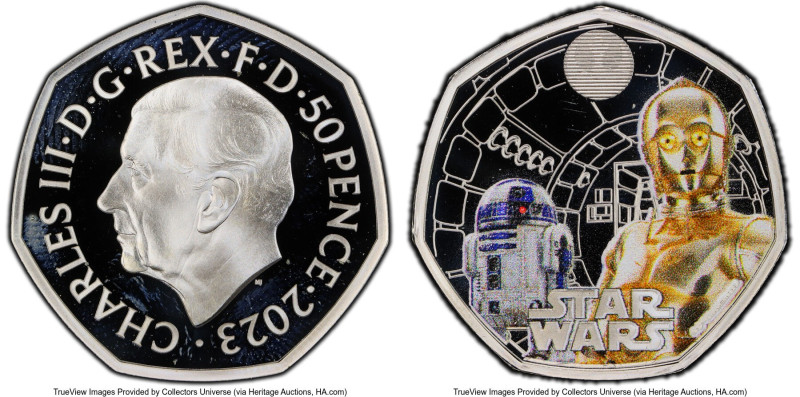 Charles III silver Colorized Proof "R2-D2 & C-3PO" 50 Pence 2023 PR66 Deep Cameo...