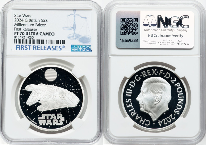 Charles III silver Proof "Millennium Falcon" 2 Pounds (1 oz) 2024 PR70 Ultra Cam...