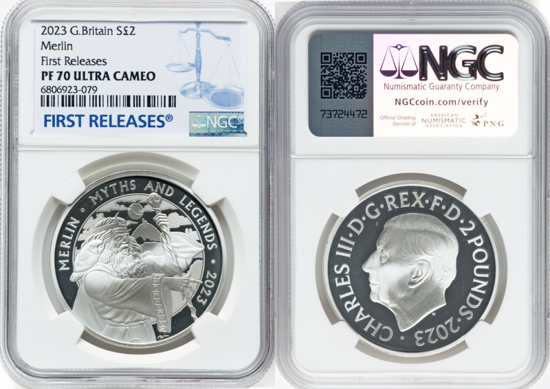 Charles III silver Proof "Merlin" 2 Pounds (1 oz) 2023 PR70 Ultra Cameo NGC, Min...