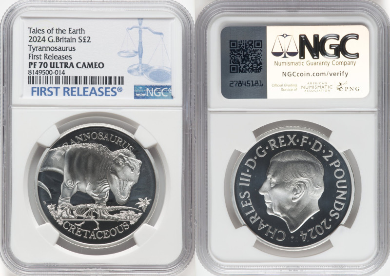 Charles III silver Proof "Tyrannosaurus" 2 Pounds (1 oz) 2024 PR70 Ultra Cameo N...