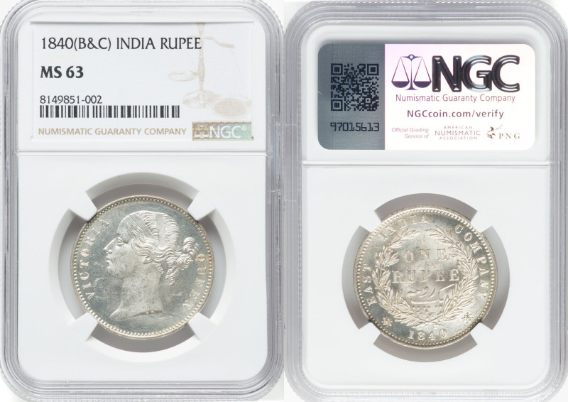 British India. Victoria Rupee 1840-(b&c) MS63 NGC, Calcutta mint, KM458.1. HID09...