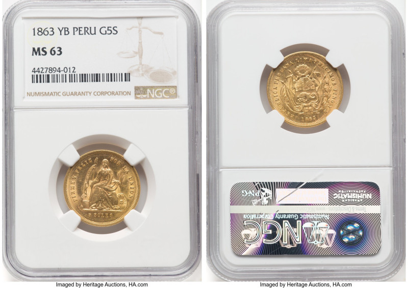 Republic gold 5 Soles 1863 LIMA-YB MS63 NGC, Lima mint, KM192. Full cartwheel lu...