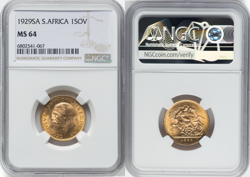 George V gold Sovereign 1929-SA MS64 NGC, Pretoria mint, KM-A22, S-4005. HID0980...