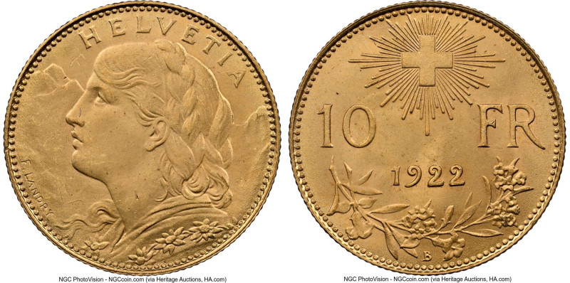 Confederation gold 10 Francs 1922-B MS65 NGC, Bern mint, KM36, Fr-504. HID098012...