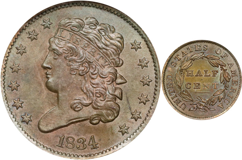 1834 Classic Head Half Cent. C-1, the only known dies. Rarity-1. MS-65 RB (NGC)....