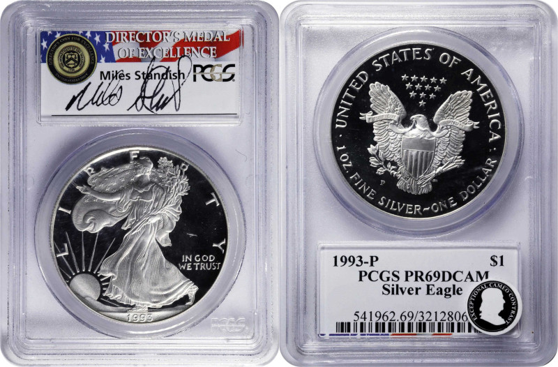 Lot of (3) 1993-P Silver Eagles. Proof-69 Deep Cameo (PCGS). Miles Standish Sign...