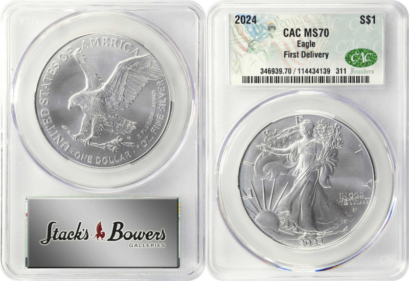 Lot of (10) 2024 Silver Eagles. First Delivery. MS-70 (CACG).
PCGS# 934800.