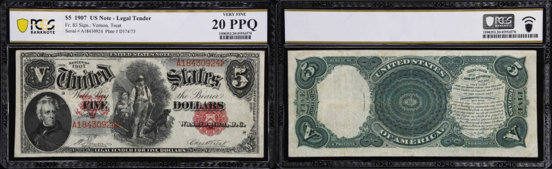 Fr. 83. 1907 $5 Legal Tender Note. PCGS Banknote Very Fine 20 PPQ.
Bearing the ...