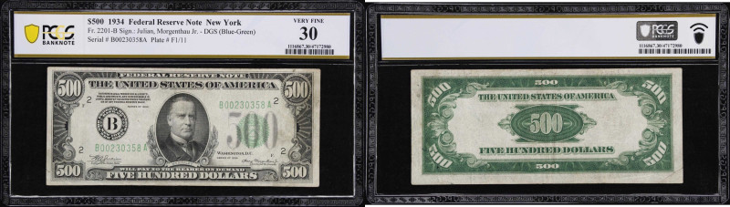 Fr. 2201-B. 1934 Dark Green Seal $500 Federal Reserve Note. New York. PCGS Bankn...