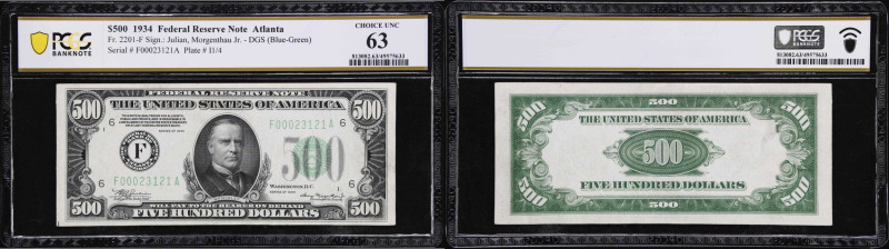 Fr. 2201-F. 1934 Dark Green Seal $500 Federal Reserve Note. Atlanta. PCGS Bankno...