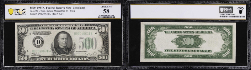 Fr. 2202-D. 1934A $500 Federal Reserve Mule Note. Cleveland. PCGS Banknote Choic...